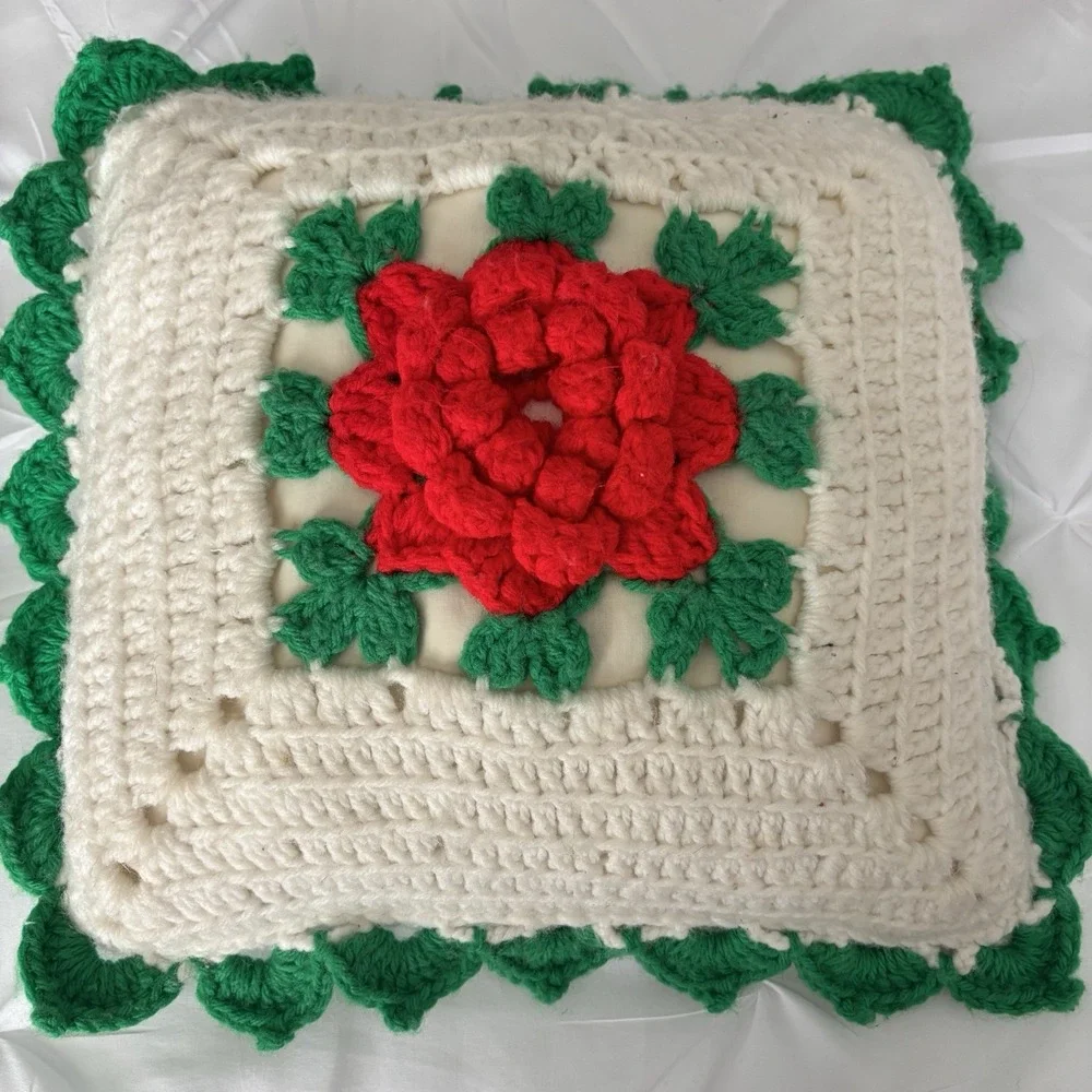 Vintage, Handcrafted set of 2 Square Crochet Flower Christmas Pillows 16